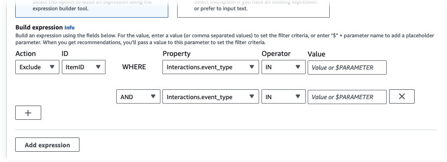 描绘了创建筛选条件页面上表达式生成器的字段。