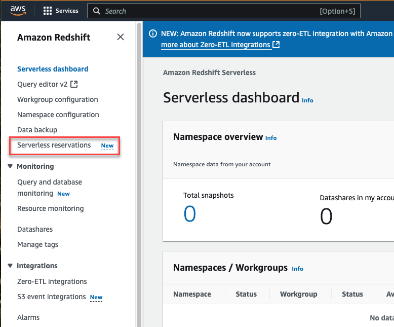 Amazon Redshift console showing Serverless dashboard with Serverless reservations option highlighted.