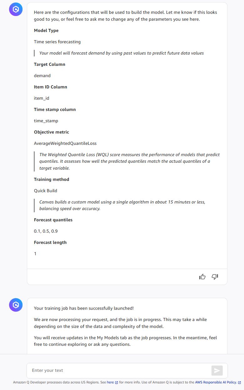与 Q 开发者版的对话，提示用户启动 Canvas 模型构建。
