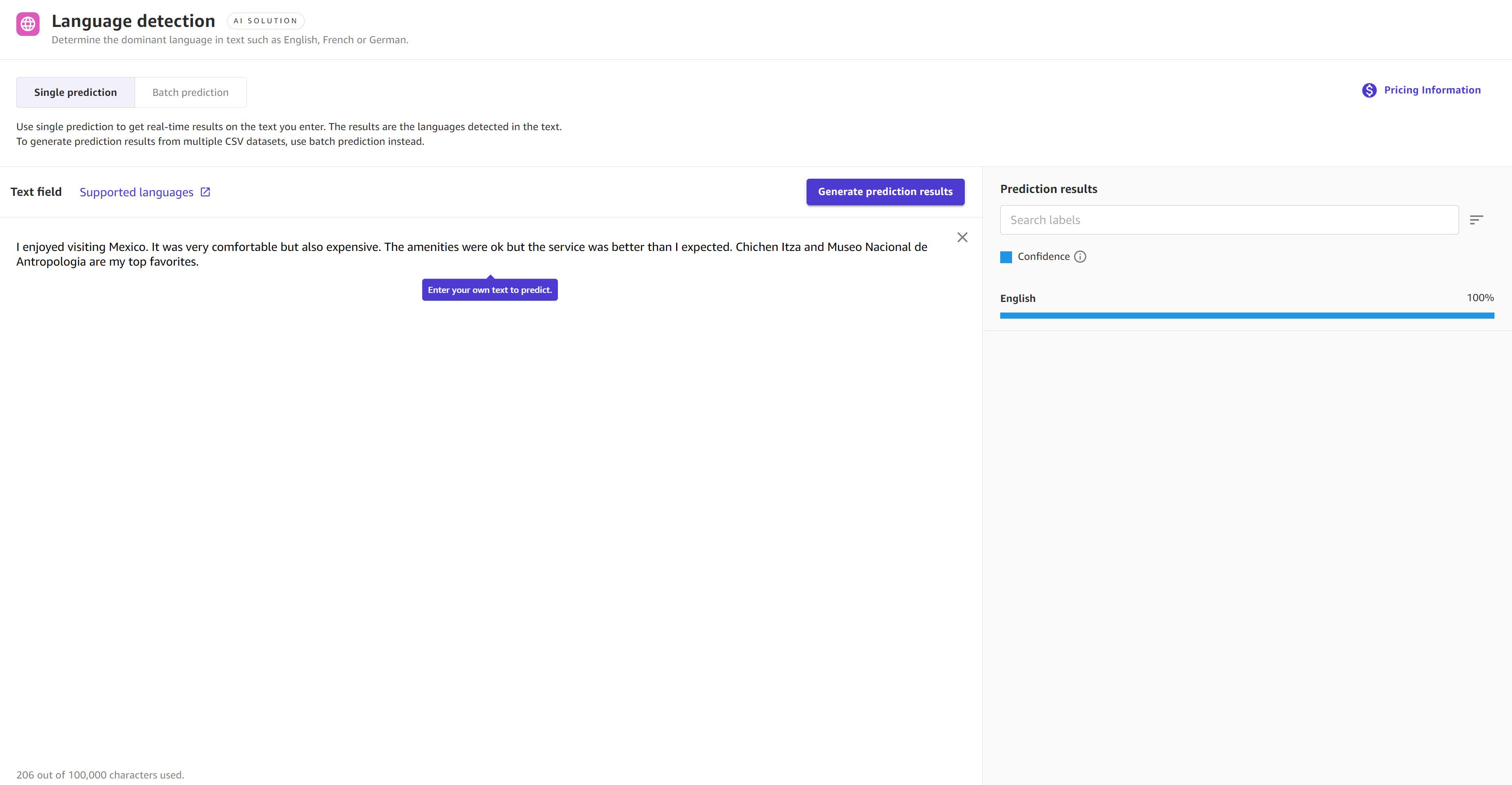 使用语言检测 Ready-to-use模型进行的单一预测结果的屏幕截图。