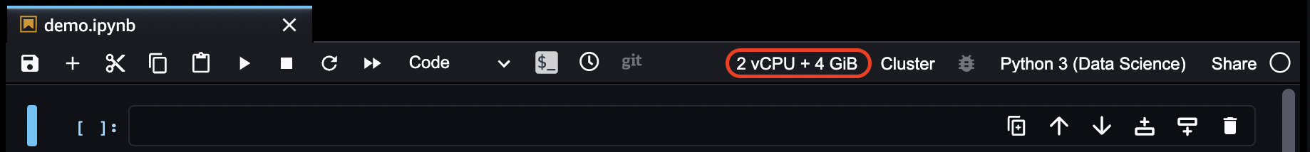 Studio Classic 笔记本实例类型的处理器和内存位置。