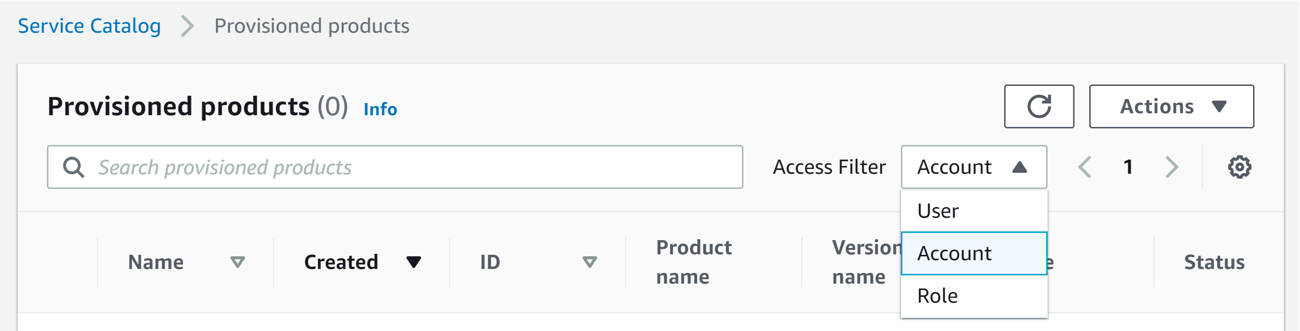 Provisioned products interface with search bar, access filter dropdown, and table columns.