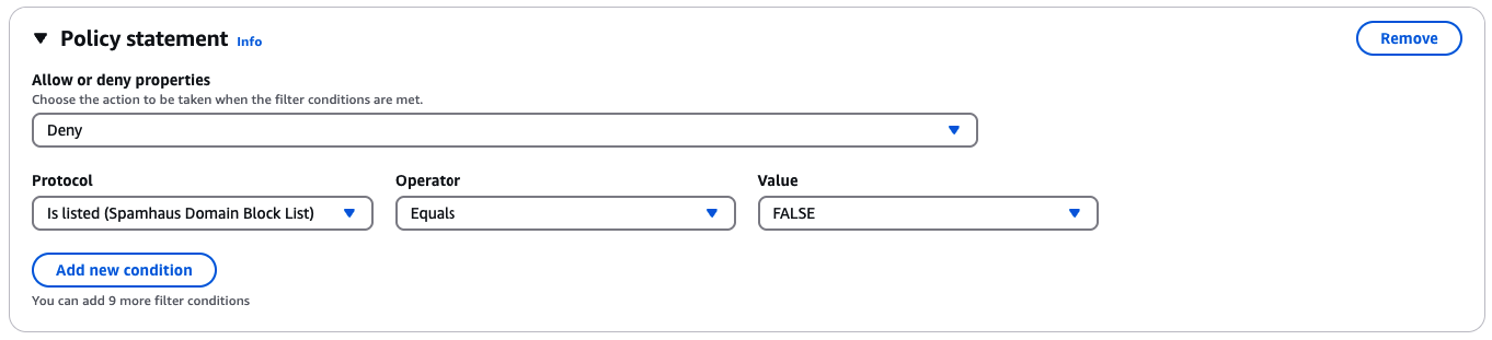 在策略声明条件中使用 Spamhaus 域阻止列表插件，阻止电子邮件传入您的入口端点。