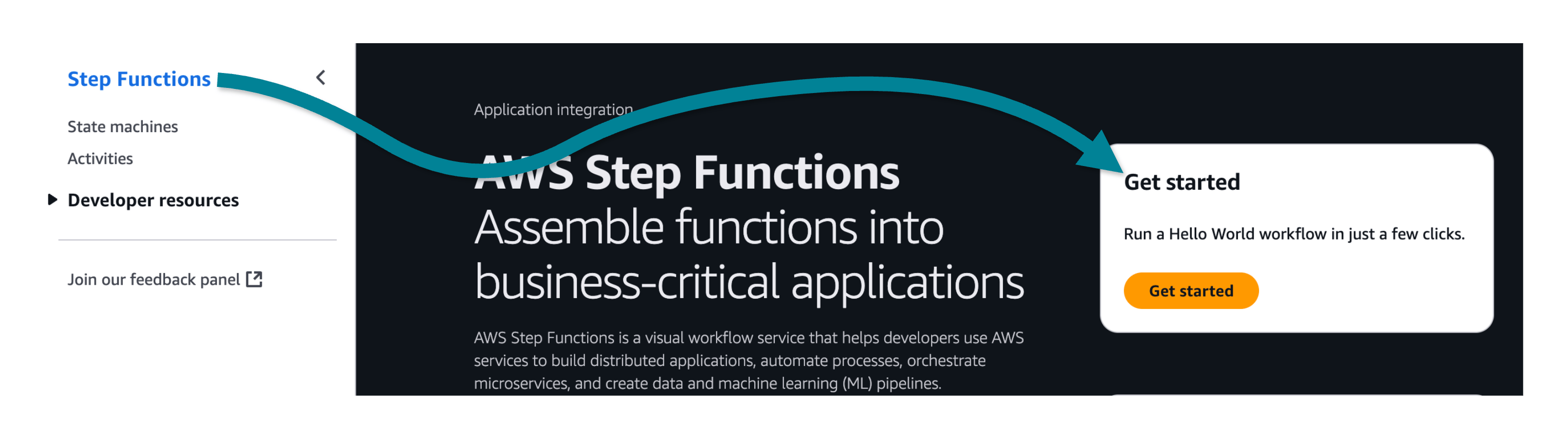 说明性屏幕截图，显示了如何开始使用 Hello World 工作流