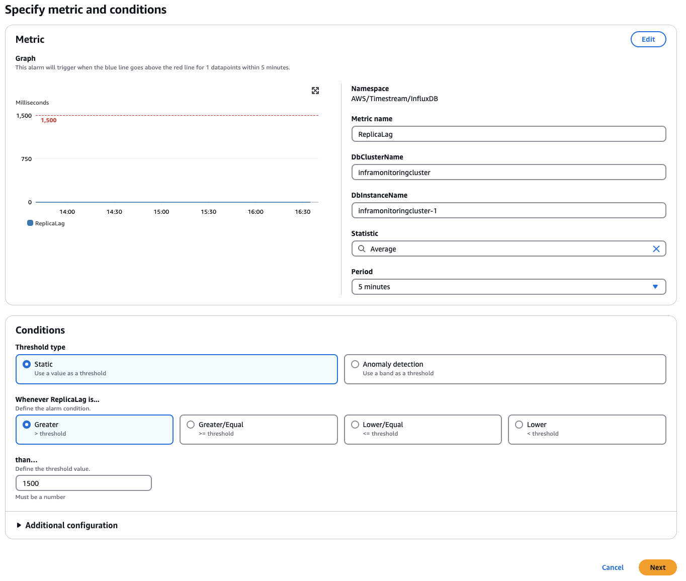 “指定指标和条件”页面显示为 inframonitoringcluster 集群选定的设置。