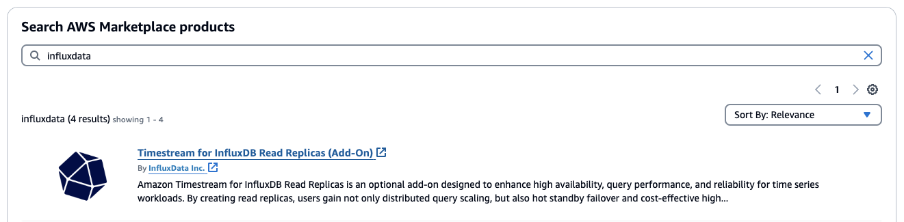 InfluxDB 只读副本插件的时间流出现在搜索中。 AWS Marketplace