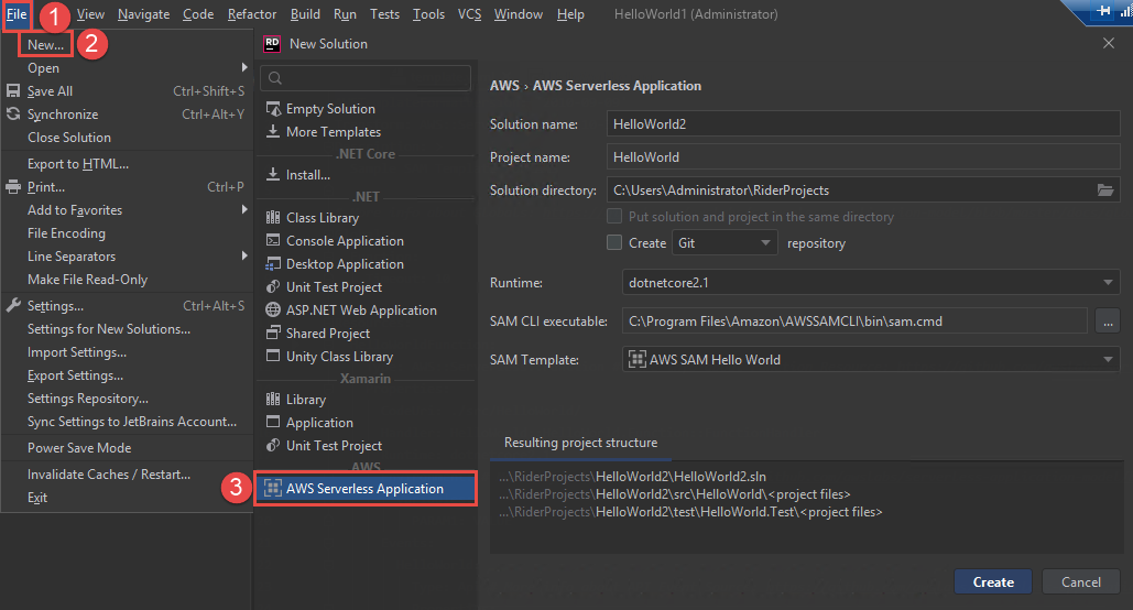选择在 JetBrains Rider 中创建 AWS 无服务器应用程序