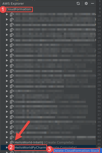 选择删除从 AWS Explorer 启动的 AWS CloudFormation 堆栈