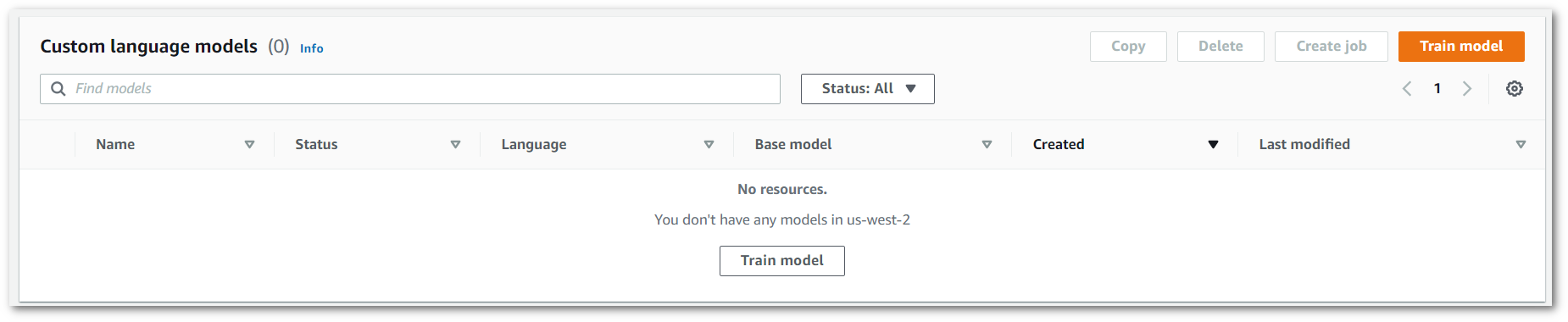 Amazon Transcribe 控制台屏幕截图：“自定义语言模型”页面。