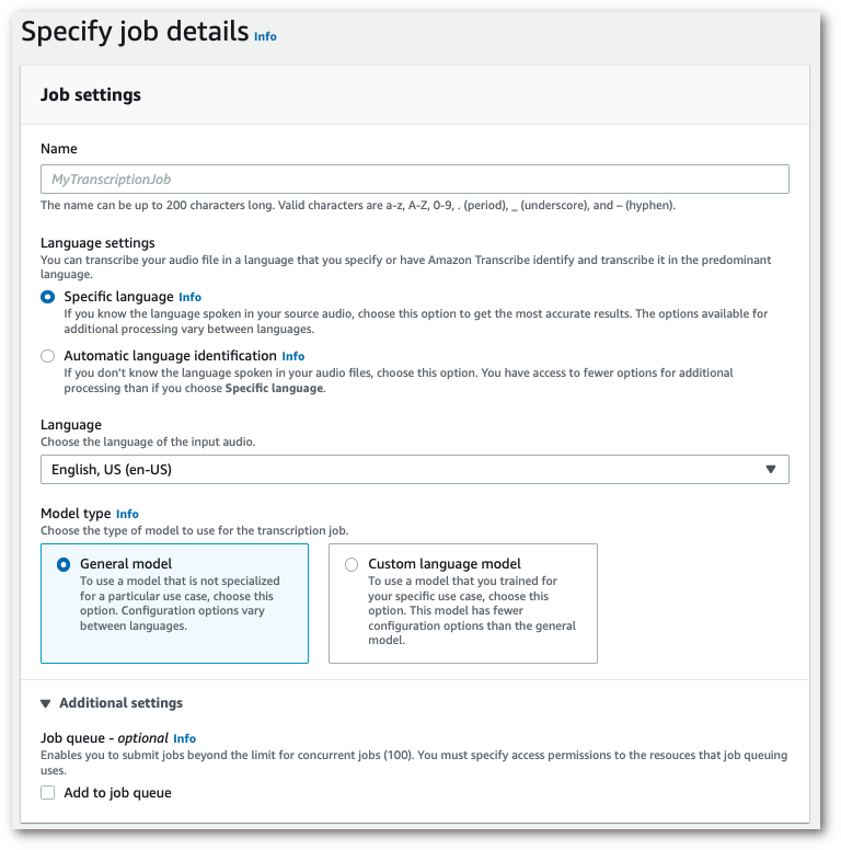 Amazon Transcribe 控制台屏幕截图：“指定作业详细信息”页面。