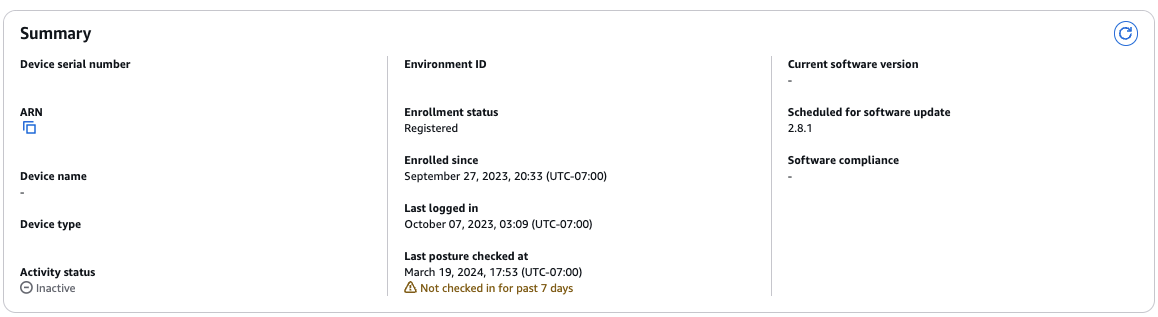 Summary section showing device details, enrollment status, and software information.