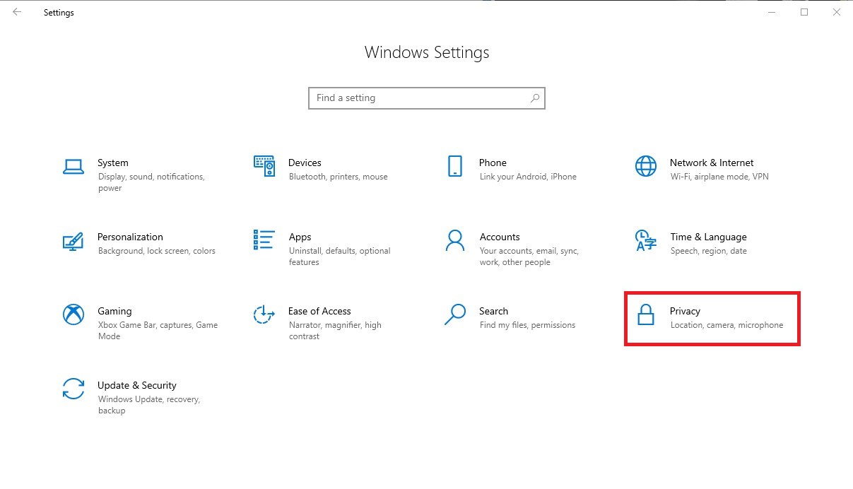 Windows Settings menu with various system configuration options, Privacy icon highlighted.
