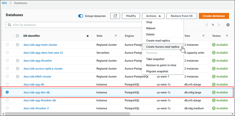 建立 Aurora 僅供讀取複本