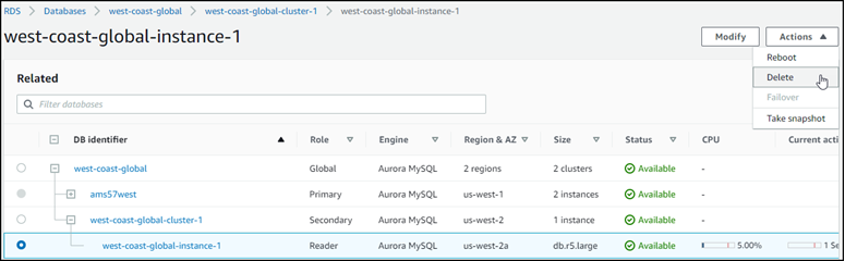 螢幕擷取畫面顯示已選取且準備刪除的讀取器執行個體。