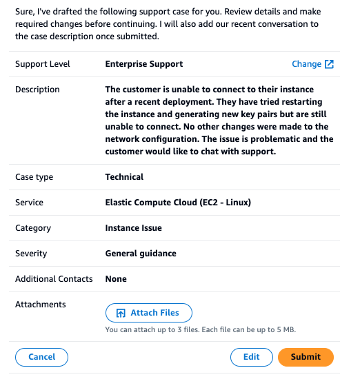 Amazon Q 聊天面板中已填入資訊的支援案例。