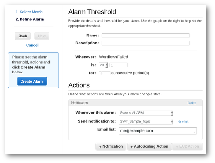 Alarm Threshold configuration interface with fields for name, description, conditions, and notification actions.