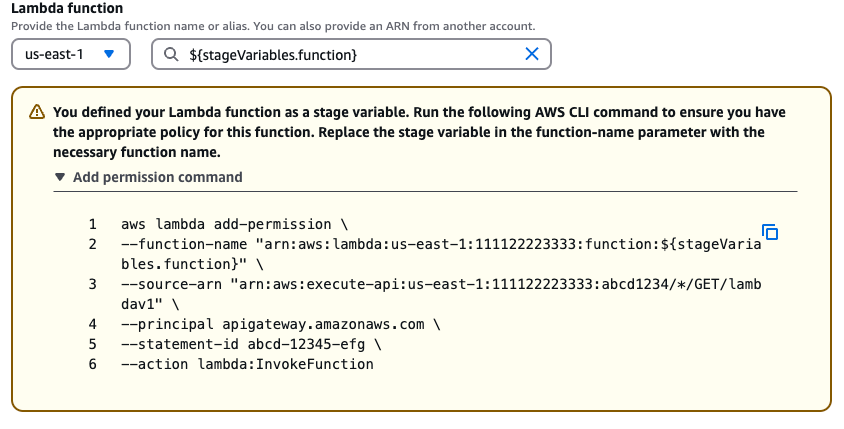 執行 AWS CLI 命令，將許可權新增到您剛才建立的方法所調用的 Lambda 函數。