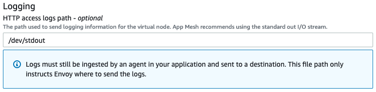 Logging configuration interface showing HTTP access logs path field with example path.