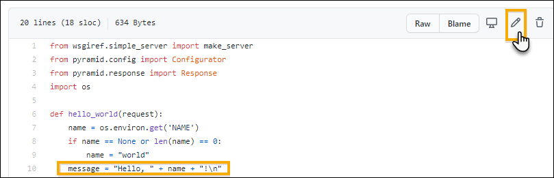 反白顯示編輯圖示和訊息的 GitHub 檔案頁面