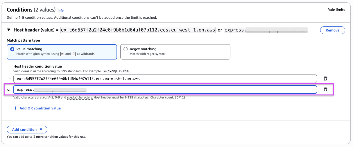 主控台螢幕擷取畫面顯示 Application Load Balancer 接聽程式規則，其中包含針對 ECS Express Mode 服務端點和自訂網域設定的主機標頭條件。