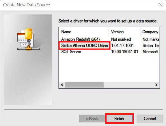 選擇 Simba Athena ODBC Driver (Simba Athena ODBC 驅動程式)。