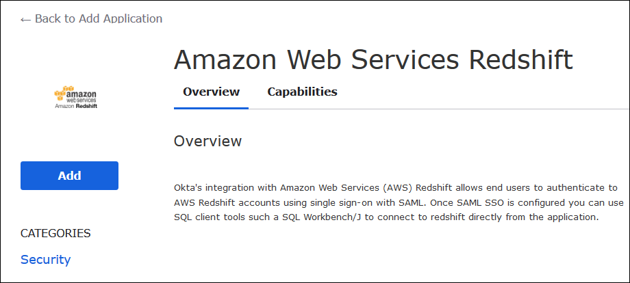 選擇 Add (新增) 來建立以 SAML 為基礎的應用程式。
