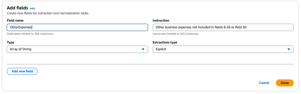 主控台顯示如何新增 'Field name' 和 'Instruction'。'Type' 設定為 'Array of String'，而 'Extraction type' 設定為 'Explicit'。