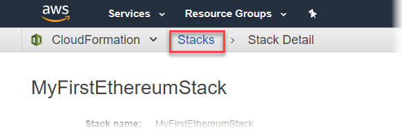CloudFormation interface showing Stacks option highlighted in the navigation menu.