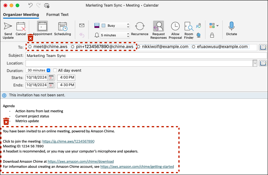 從內文的收件人：行和會議指示中移除 Amazon Chime 使用者