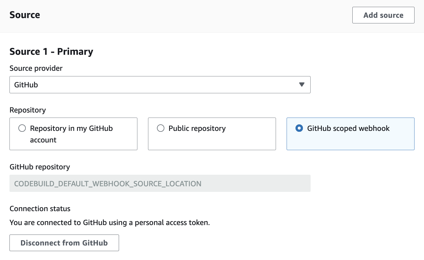 GitHub 範圍 Webhook 的組態。