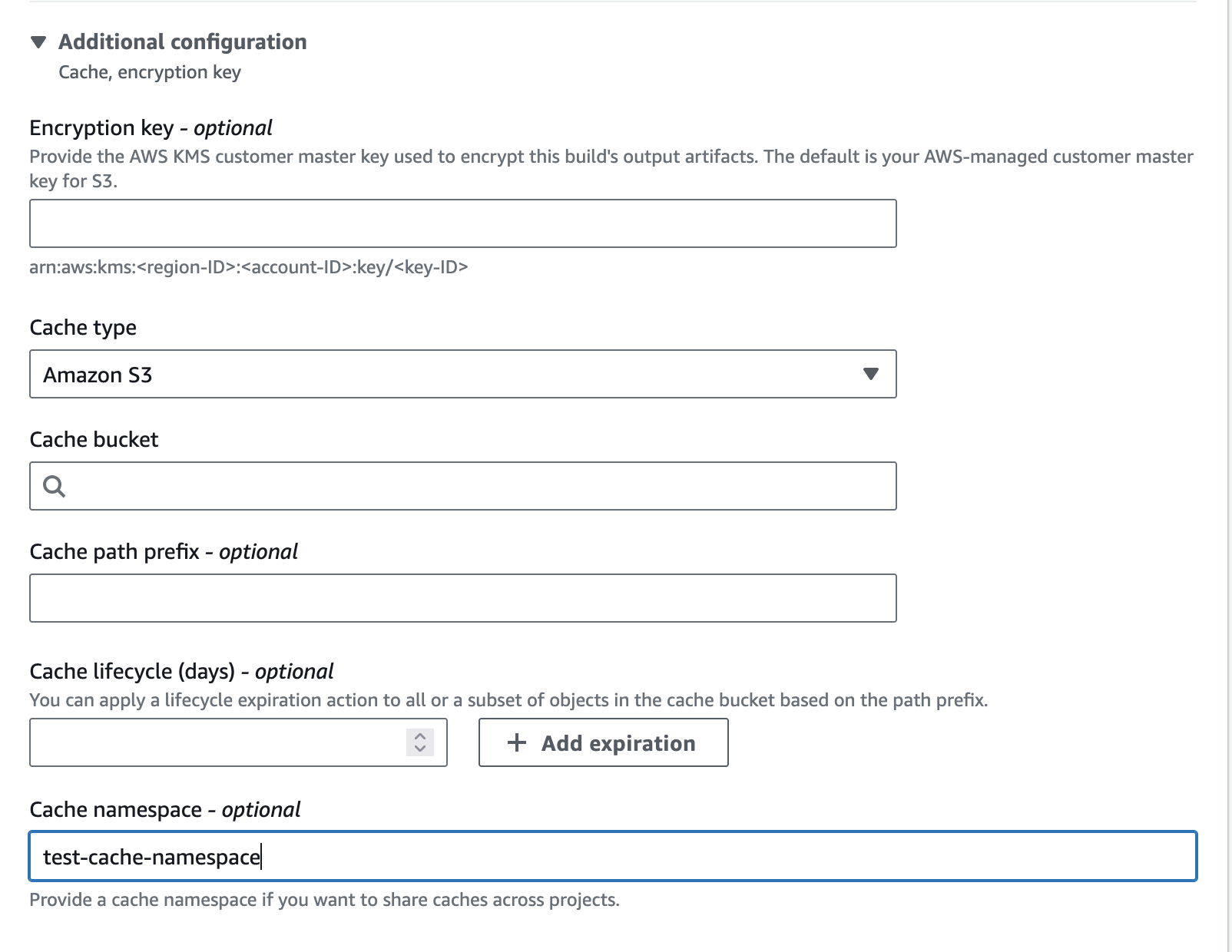 CodeBuild 主控台中的快取命名空間參數。