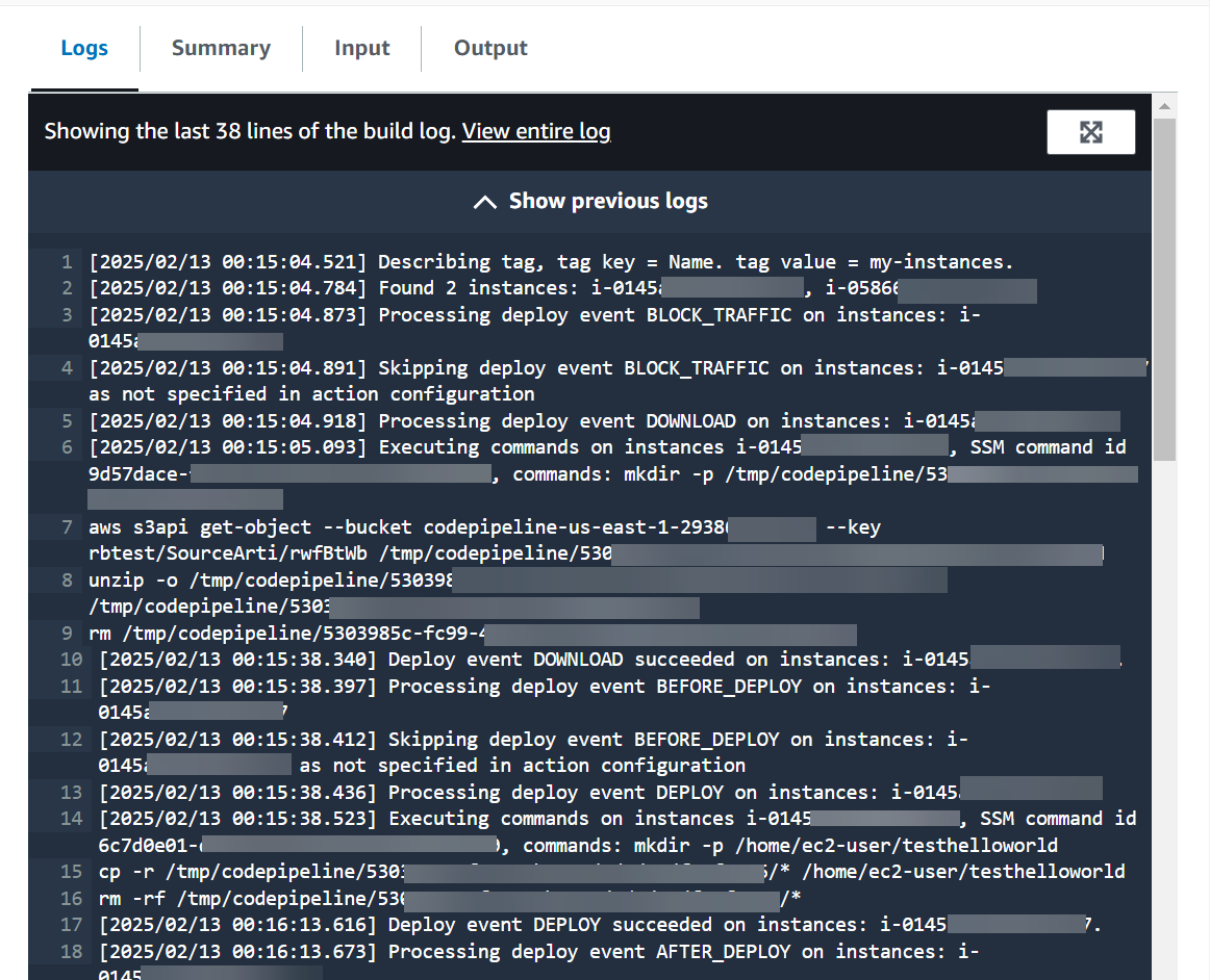 檢視管道中 Amazon EC2 部署動作的日誌。
