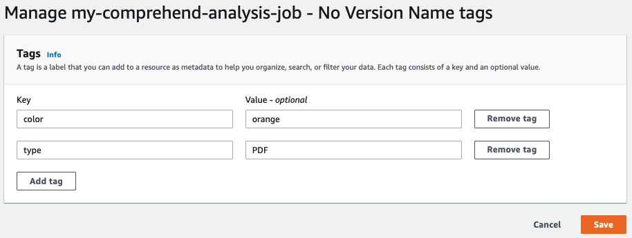 標籤面板會顯示目前的索引鍵和值。您可以修改標籤、刪除標籤或新增標籤。