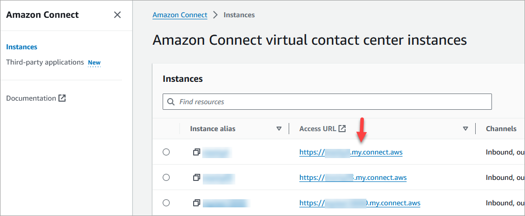 Amazon Connect 主控台上的存取 URL。