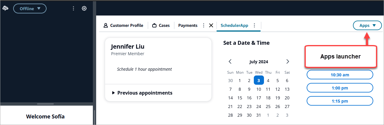 客服人員工作區上的應用程式啟動器。