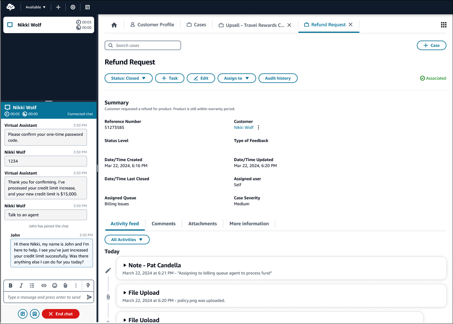 客服人員工作區中的案例標籤。