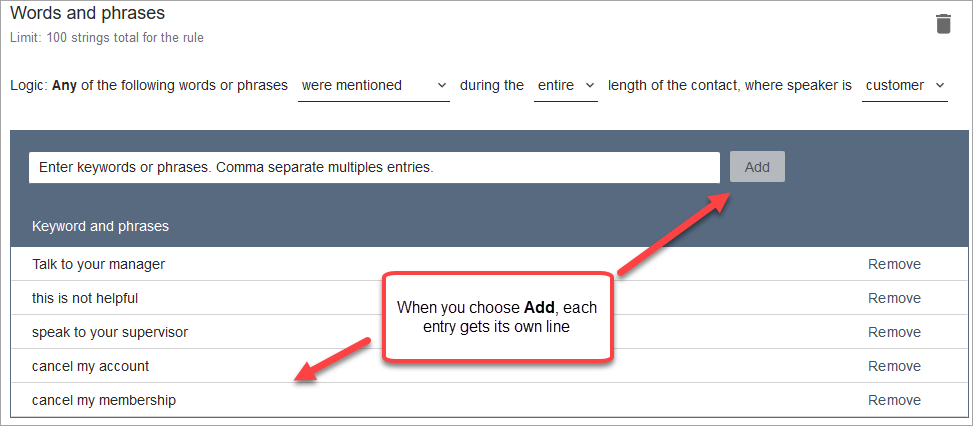 具有多個片語的單字和片語規則，每個片語都在自己的行上。
