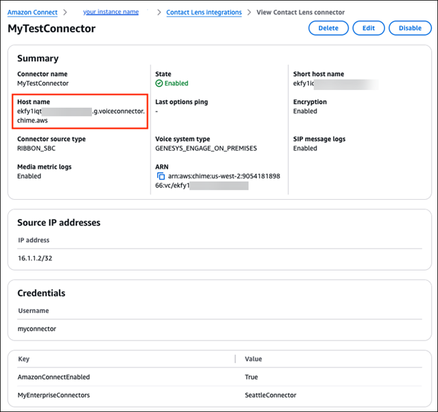 MyTestConnector 詳細資訊頁面，將接收 SIPREC 音訊的完整主機名稱。