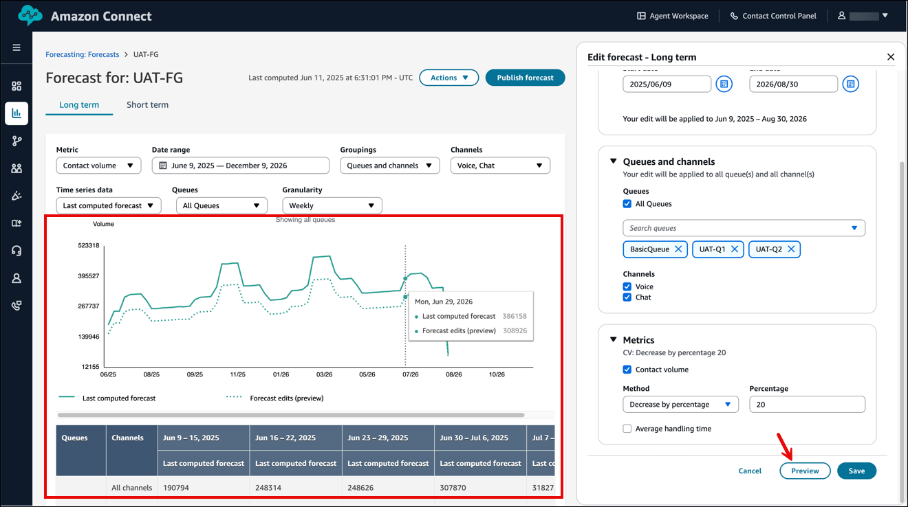 預測變更的預覽。