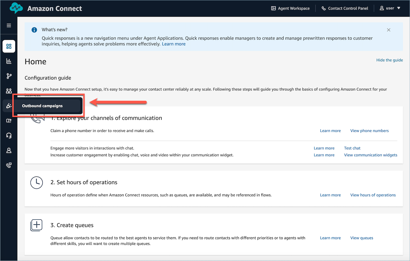 Amazon Connect 導覽功能表，顯示在左側導覽窗格中醒目提示的 Outbound Campaigns 選項。