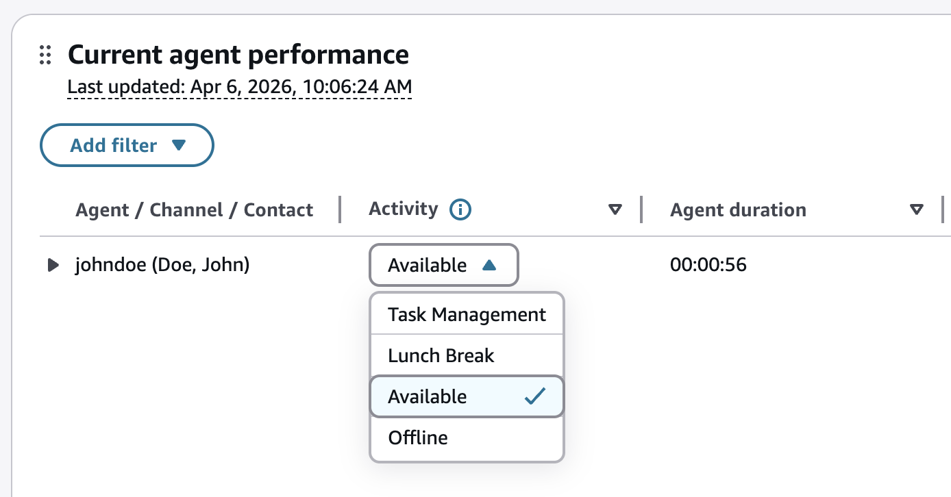 客服人員活動欄的使用狀態下拉式清單。