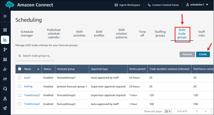 排程頁面、輪班交換群組索引標籤、建立按鈕。