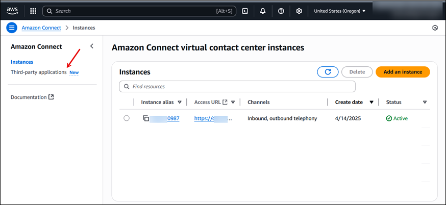 Amazon Connect 主控台，第三方應用程式選單項目。