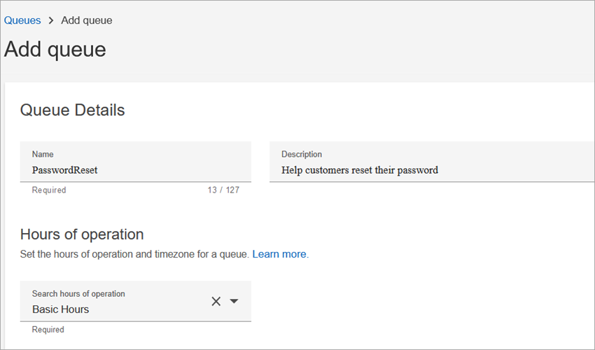 新增佇列頁面、佇列詳細資訊段落以及作業時數段落。