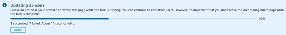 橫幅顯示 Amazon Connect 正在更新一批使用者記錄。