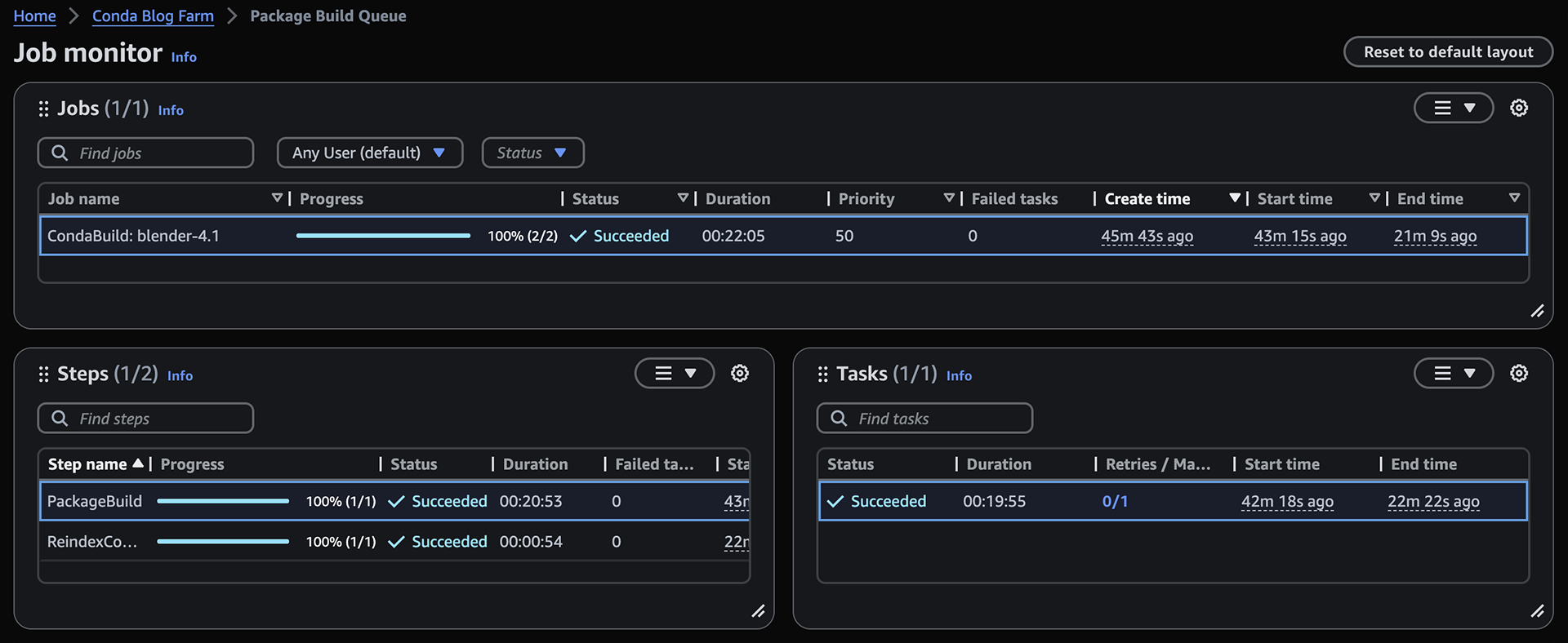 截止日期雲端監視器，顯示建置 conda 套件之任務的進度和狀態。