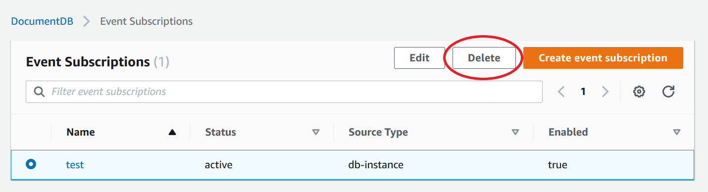 事件訂閱窗格反白顯示刪除按鈕。