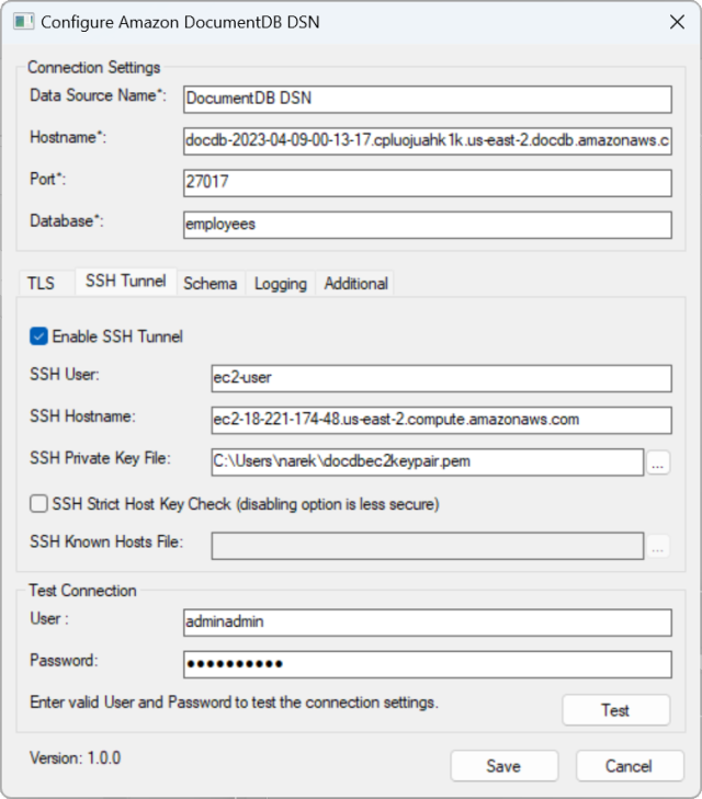 已完成設定 Amazon DocumentDB DSN 界面與 SSH 通道欄位。