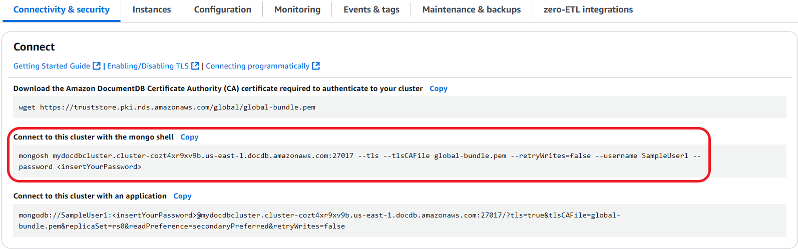 具有反白 MongoDB 連線字串的叢集連線設定，用於使用 mongo shell 連線至 Amazon DocumentDB 叢集。