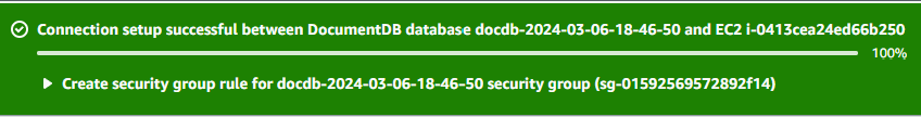 Amazon DocumentDB 資料庫與 EC2 執行個體之間成功連線設定的確認訊息。